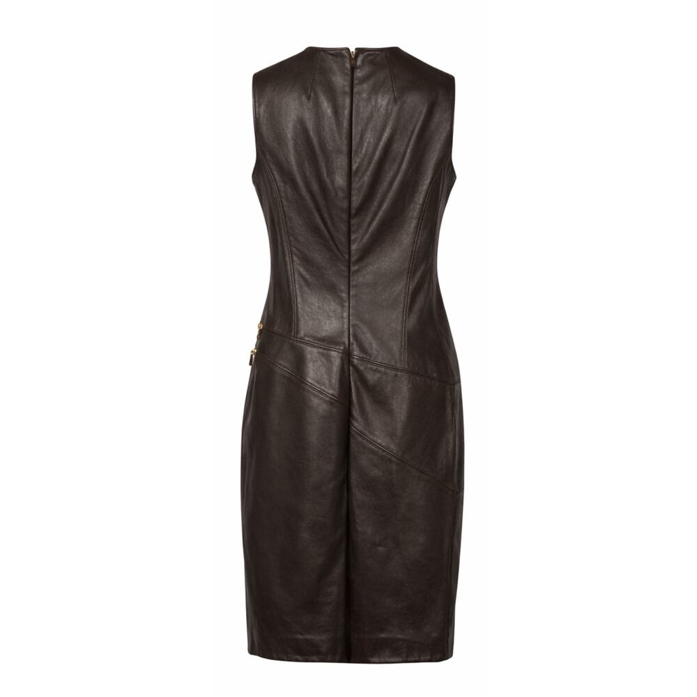 Michael Kors Chocolate Brown Genuine Leather Midi Dress Gold Zips - Picture 2 of 8